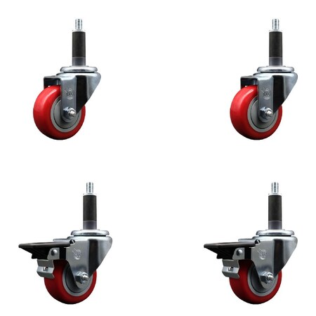 Service Caster 3'' Red Poly Wheel Swivel 1'' Expanding Stem Caster Set 2 Brakes, 4PK SCC-EX20S314-PPUB-RED-2-PLB-2-1